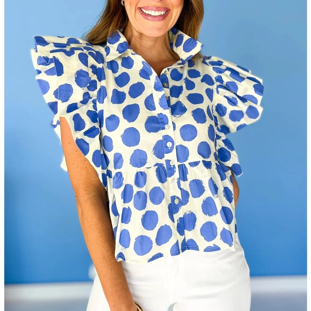 JODIFL White and Blue Polka Dot Ruffle Blouse - Picture 2 of 10